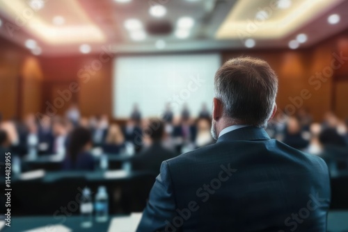 A man in a business suit looks towards a stage in a meeting, symbolizing focus and leadership at a business conference, set in a contemporary hall with peers.