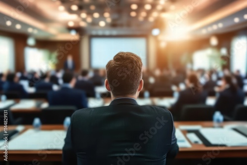 A businessman facing an audience during a formal conference, highlighting themes of leadership and focus in a professional environment with bright lighting. photo