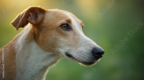 A brown and white dog looking at the camera