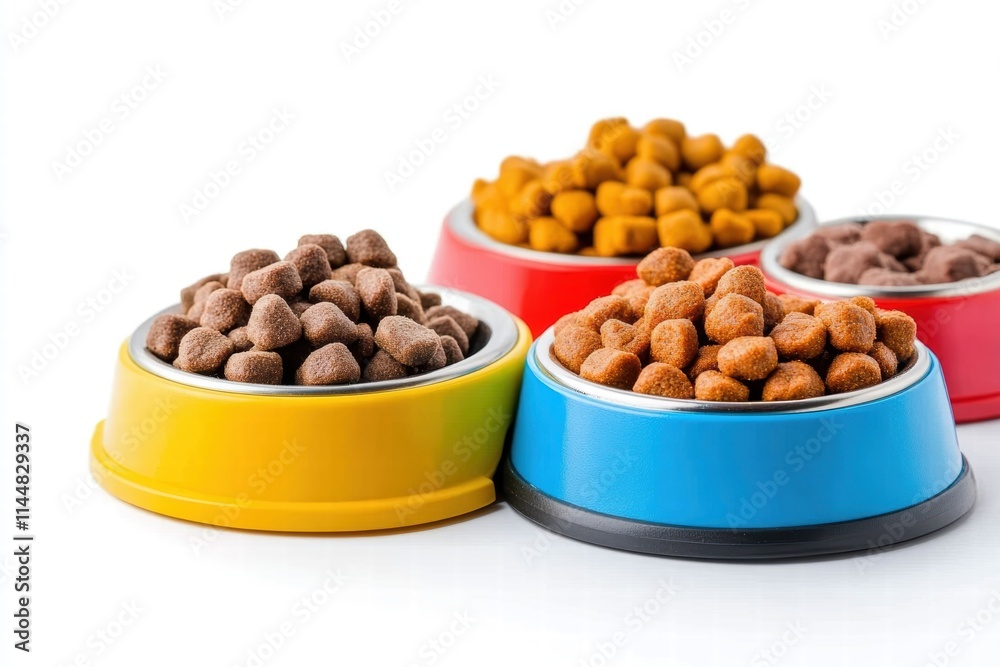 Various brightly colored pet food bowls filled with kibble of different types, illustrating the wide selection available for pet nutrition and care. Various brightly colored pet food bowls filled with kibble of different types, illustrating the wide selection available for pet nutrition and care.