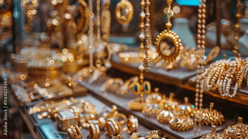 Golden jewelry display with necklaces and bracelets in a store Golden jewelry display with necklaces and bracelets in a store