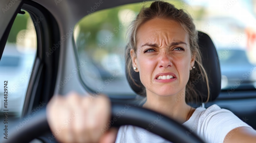 A woman grips the wheel tightly, her face showing apprehension as she drives through heavy urban traffic, reflecting a moment of concern on the road.