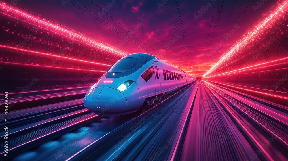 Fototapeta premium Futuristic train speeding through a vibrant, neon landscape.
