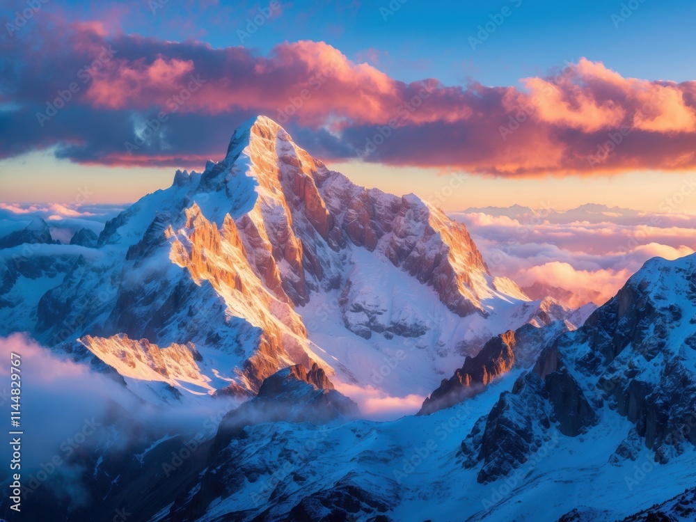 Majestic peaks bathed in golden sunlight at dusk in a tranquil mountainous landscape Majestic peaks bathed in golden sunlight at dusk in a tranquil mountainous landscape