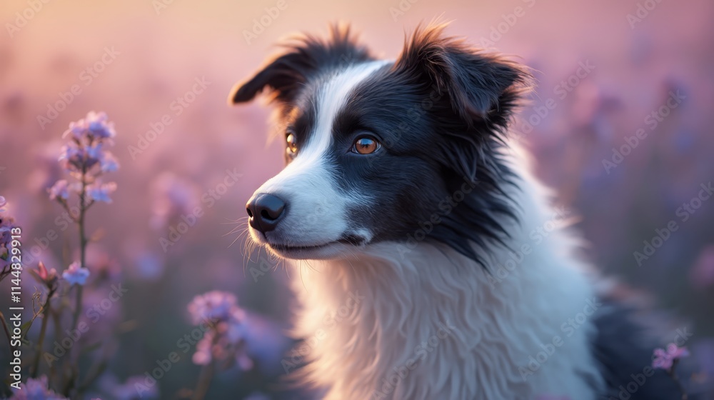 A black and white dog sitting in a field of flowers A black and white dog sitting in a field of flowers