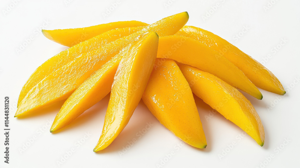 Bright yellow mango slices, smooth and shiny texture, slightly curved edges, vibrant orange and yellow hues, showcased against a pure white background, ultra-detailed and naturalistic, hd quality, cle Bright yellow mango slices, smooth and shiny texture, slightly curved edges, vibrant orange and yellow hues, showcased against a pure white background, ultra-detailed and naturalistic, hd quality, cle