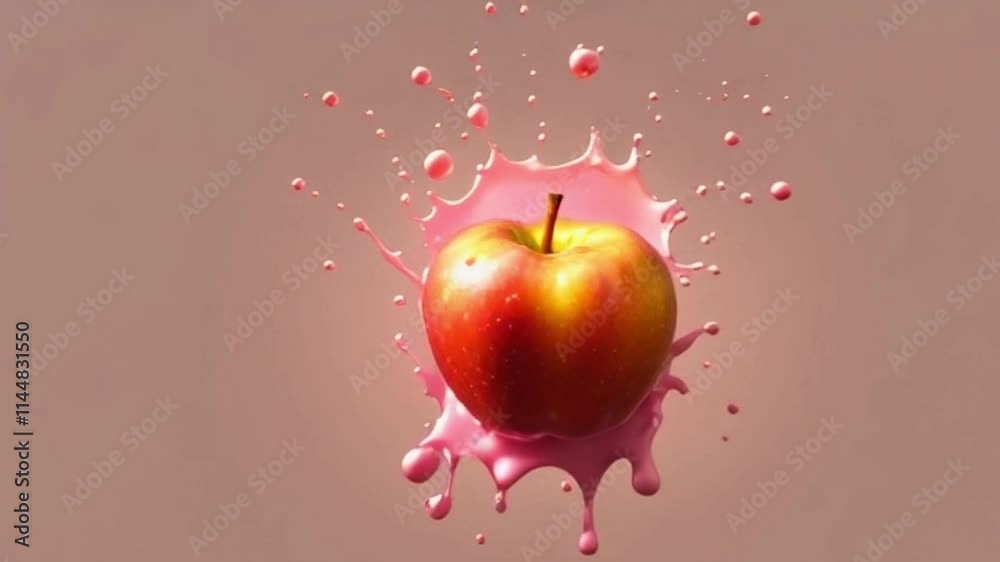 Glowing 3D apple turning into a colorful liquid splash spiraling into air or a dynamic conceptual fruit motion design