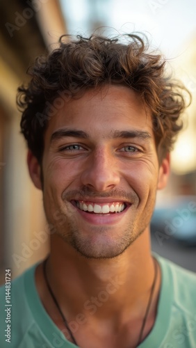 A man with curly hair smiles at the camera