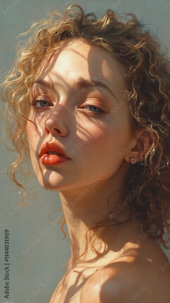 A painting of a woman with curly hair A painting of a woman with curly hair