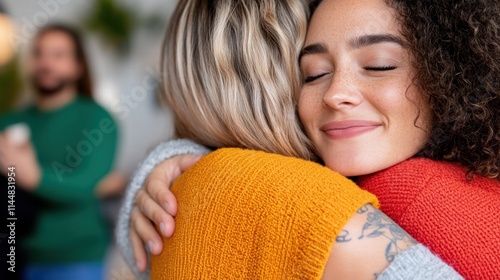 Close friends, captured in a heartfelt embrace, enjoy the warmth and comfort of each other's presence, their eyes shut in a moment of peace and contentment. photo