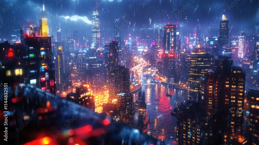 Vibrant cityscape at night with rain and illuminated buildings. Vibrant cityscape at night with rain and illuminated buildings.