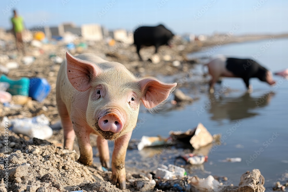 A curious piglet investigates a riverside setting, surrounded by debris, highlighting themes of survival and environment in a natural and raw atmosphere.