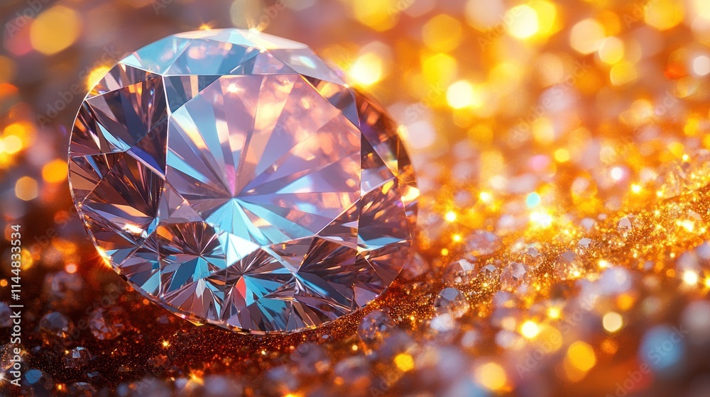 Radiant diamond jewel, sparkling in golden light.