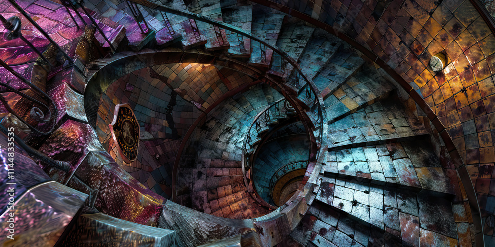Obraz premium Multicolored Tile and Metal Spiral Staircase