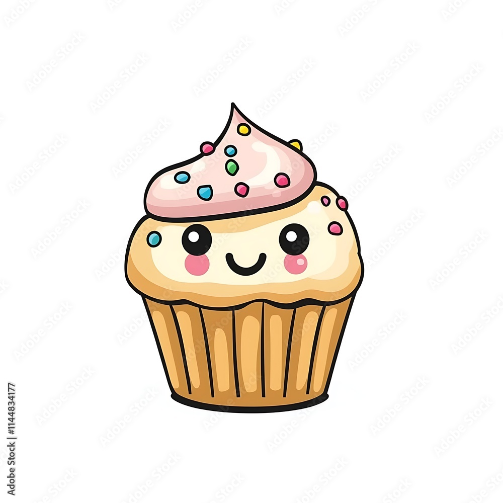 Happy Cupcake with Sprinkles: A delightful and cheerful cupcake with a wide grin and pink frosting, adorned with colorful sprinkles. Happy Cupcake with Sprinkles: A delightful and cheerful cupcake with a wide grin and pink frosting, adorned with colorful sprinkles.