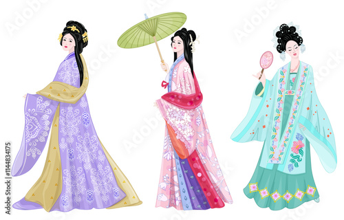 set of asian young girls in traditional costume hanfu. chinese or japanese women with long black hair. fashion graceful female