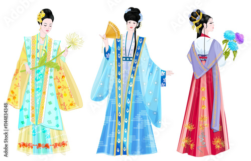 set of asian young girls in traditional costume hanfu. chinese or japanese women holding flowers. fashion graceful female with fan
