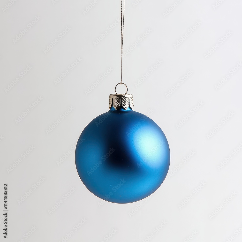 Blue Christmas ornament hangs on a thread, against an isolated white background Blue Christmas ornament hangs on a thread, against an isolated white background