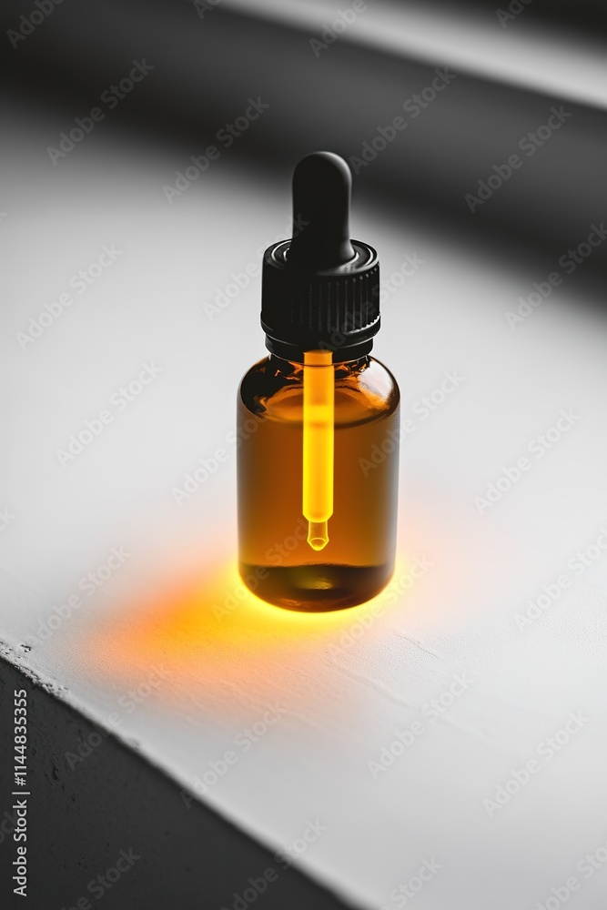 glowing essential oil dropper bottle with minimalistic branding placed on smooth white ceramic surface glowing essential oil dropper bottle with minimalistic branding placed on smooth white ceramic surface