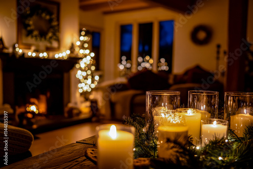 A warmly lit living room featuring a Christmas tree, glowing candles, soft dåecor, and a fireplace. photo