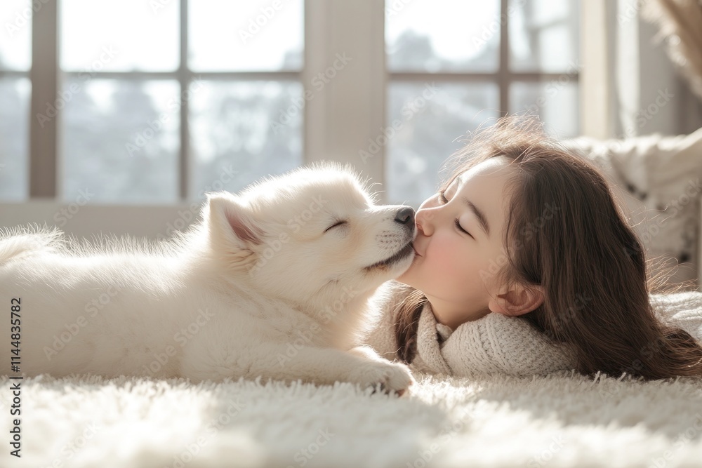 Girl kisses white puppy on fluffy rug near window. Girl kisses white puppy on fluffy rug near window.