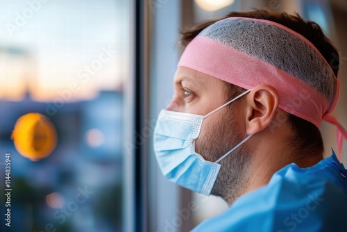 A healthcare worker wearing a face mask and scrubs observes the city skyline at sunrise, highlighting themes of hope and resilience in a medical context. photo