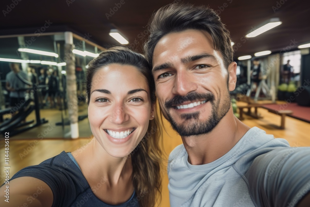 Smiling man and woman taking a selfie at the gym after training Smiling man and woman taking a selfie at the gym after training