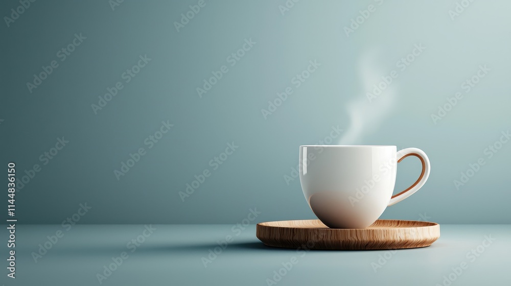 Fototapeta premium Brewing serenity elegant white ceramic coffee cup with rising steam in a minimalist setting captivating still life composition for coffee lovers