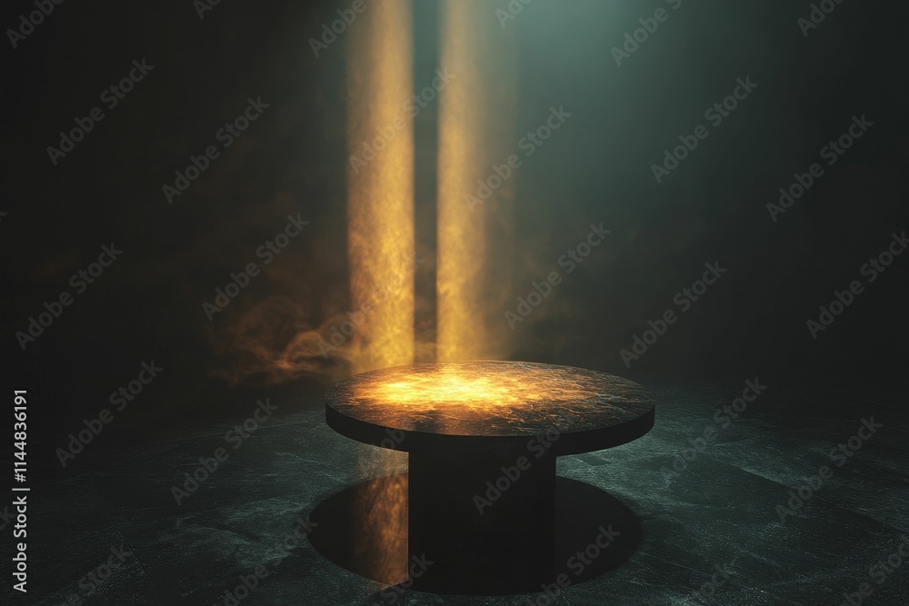 Dark room, glowing table, smoky light beam. Dark room, glowing table, smoky light beam.