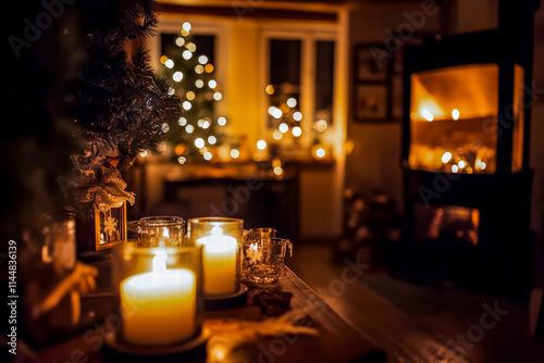 A warmly lit living room featuring a Christmas tree, glowing candles, soft dåecor, and a fireplace. photo