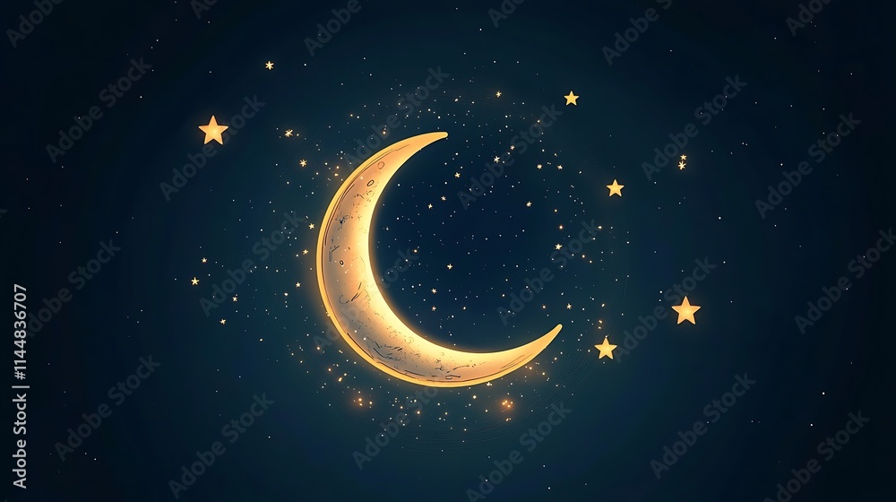 Fototapeta premium Glowing crescent moon and stars on dark blue night sky background.