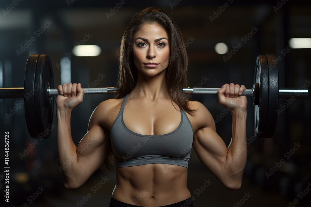 Strong female bodybuilder lifting weights in a gym, demonstrating her muscular physique and fitness Strong female bodybuilder lifting weights in a gym, demonstrating her muscular physique and fitness