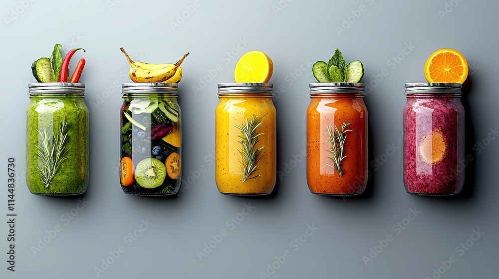 Obraz premium Creating fresh fruit and vegetable smoothie jars a colorful culinary delight in a modern kitchen setting for health enthusiasts