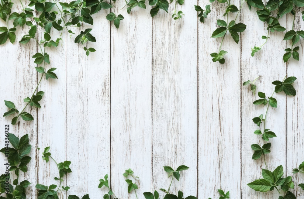 Fototapeta premium Green vines on white wooden planks.