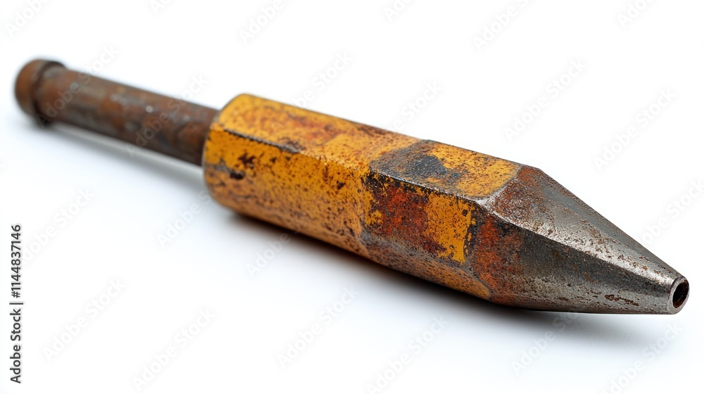 Rusty yellow metal hand tool on white background.