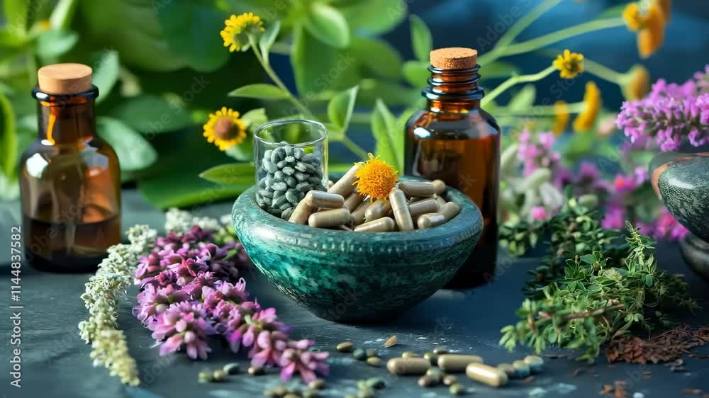 A serene depiction of herbal harmony, highlighting natural textures, botanical elements, and organic particles to symbolize holistic wellness and traditional remedies. A serene depiction of herbal harmony, highlighting natural textures, botanical elements, and organic particles to symbolize holistic wellness and traditional remedies.