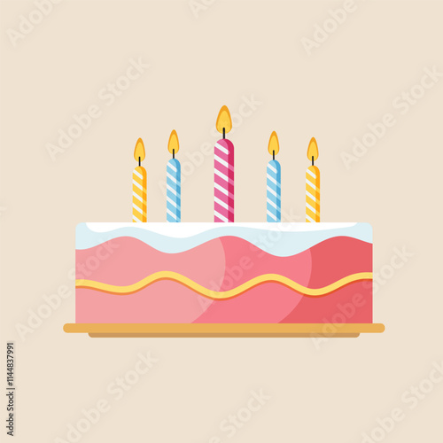 Pink Birthday Cake with Lit Candles and Wavy Icing Design