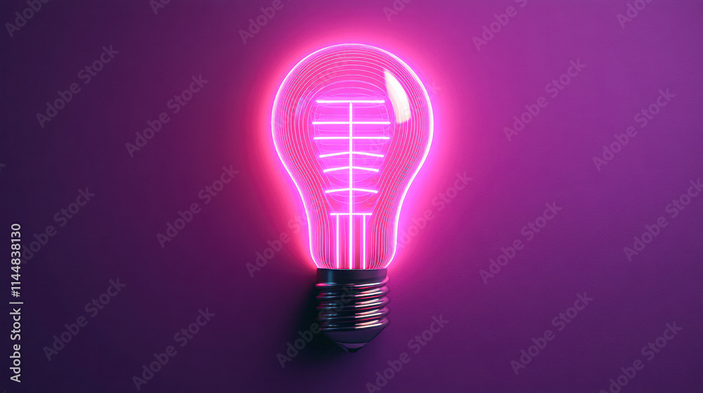 A glowing pink light bulb is lit up against a purple background A glowing pink light bulb is lit up against a purple background
