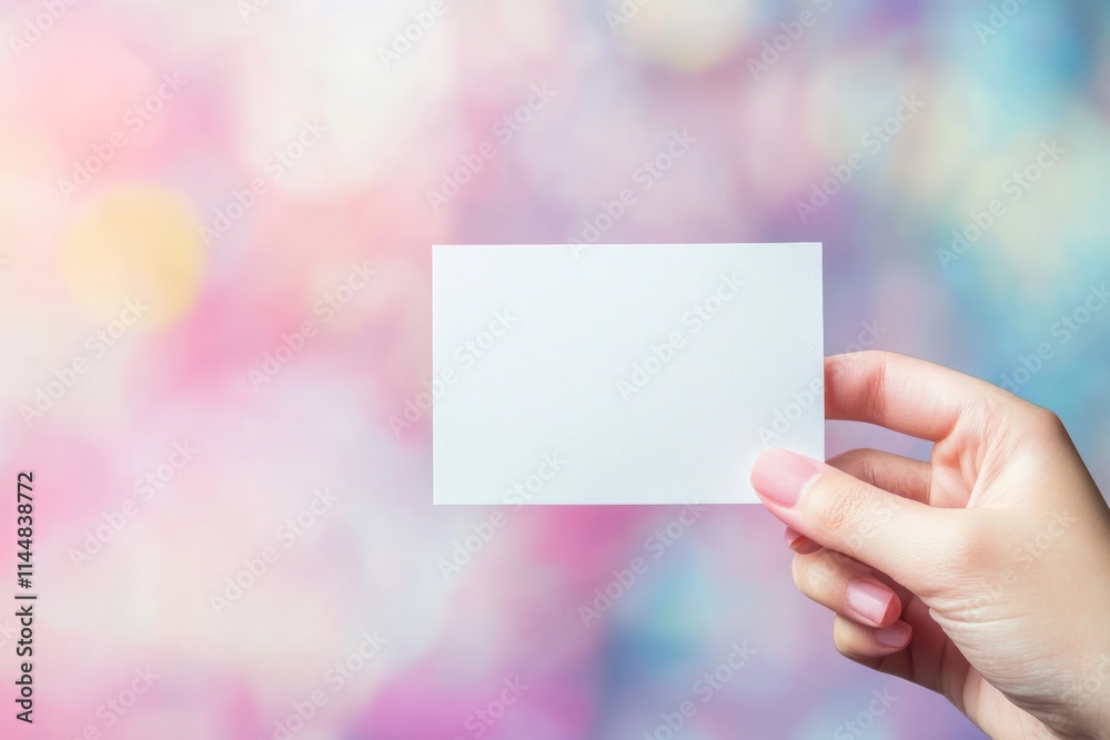 Hand holds blank card against abstract blurred lights. Hand holds blank card against abstract blurred lights.