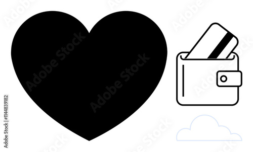 Black heart next to a wallet holding a credit card and a cloud image. Ideal for topics thumbs up finance, love, savings, relationships, money management, credit, and cloud storage. Line metaphor