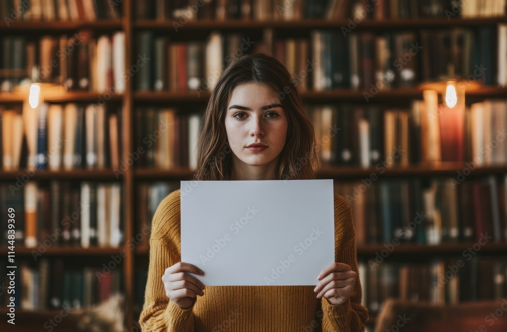 Woman holds blank paper in library.