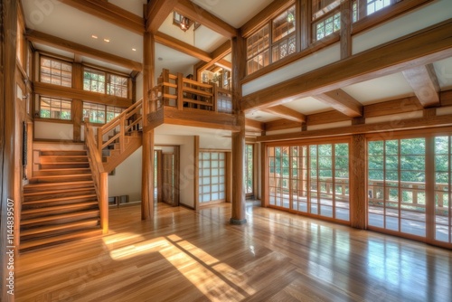 Wood interior with stairs, beams, and balcony.