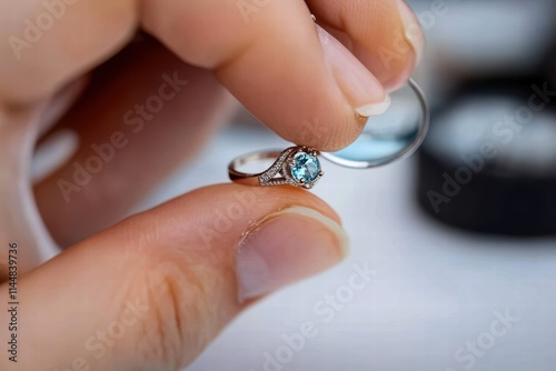 A close-up view of an elegant engagement ring being carefully held between two fingers, showcasing its intricate design and sparkling gem centerpiece. photo