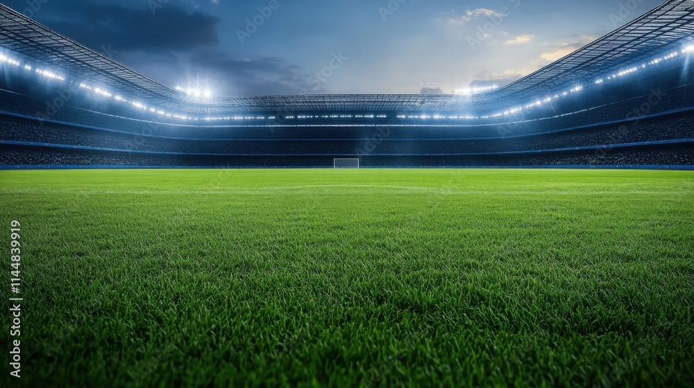 Fototapeta premium Lush Green Sports Field Under Bright Stadium Lights at Dusk, Perfect for Soccer Matches and Events