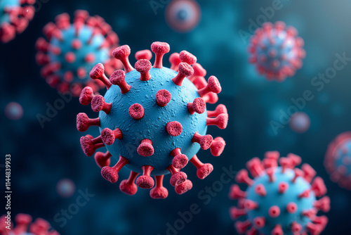 A close-up view of a spherical virus particle with red spike proteins protruding from its surface, surrounded by similar particles in a blue background. photo