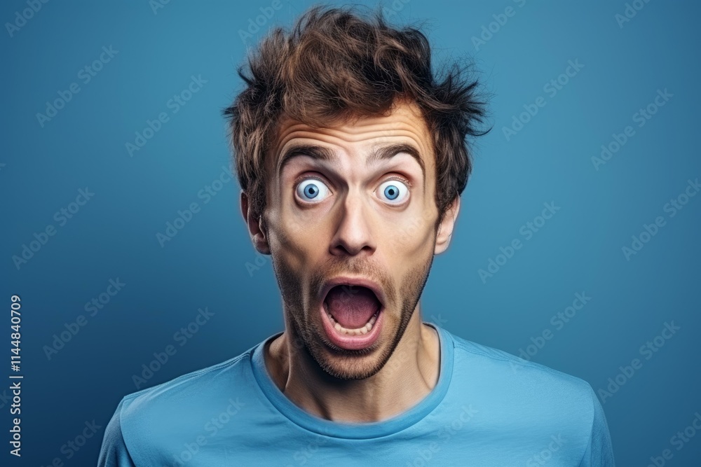 Portrait of a surprised man with blue eyes and messy hair showing amazement and shock
