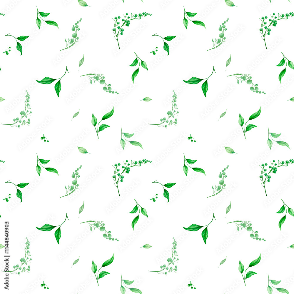 Twigs with green leaves and buds on a seamless pattern. Watercolor digital illustration. Spring twigs curl around gypsophila, isolated on a white background. Floral sunny pattern Twigs with green leaves and buds on a seamless pattern. Watercolor digital illustration. Spring twigs curl around gypsophila, isolated on a white background. Floral sunny pattern