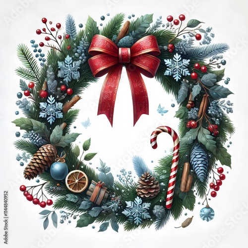 Christmas wreath with decorations and ribbon.