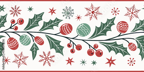 Festive holly leaves and berries intertwine with decorative ornaments in shades of red and green. Snowflakes and stars are scattered across the background, adding a wintry touch.AI generated.