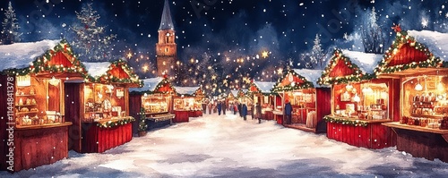 Cartoon Christmas market with festive stalls and twinkling lights. Christmas night fair watercolor illustration